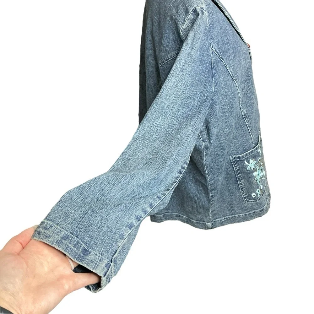 Denim 24/7 Blue Jean Jacket Blazer Long Sleeve with Embroidered Floral Design - Picture 8 of 16